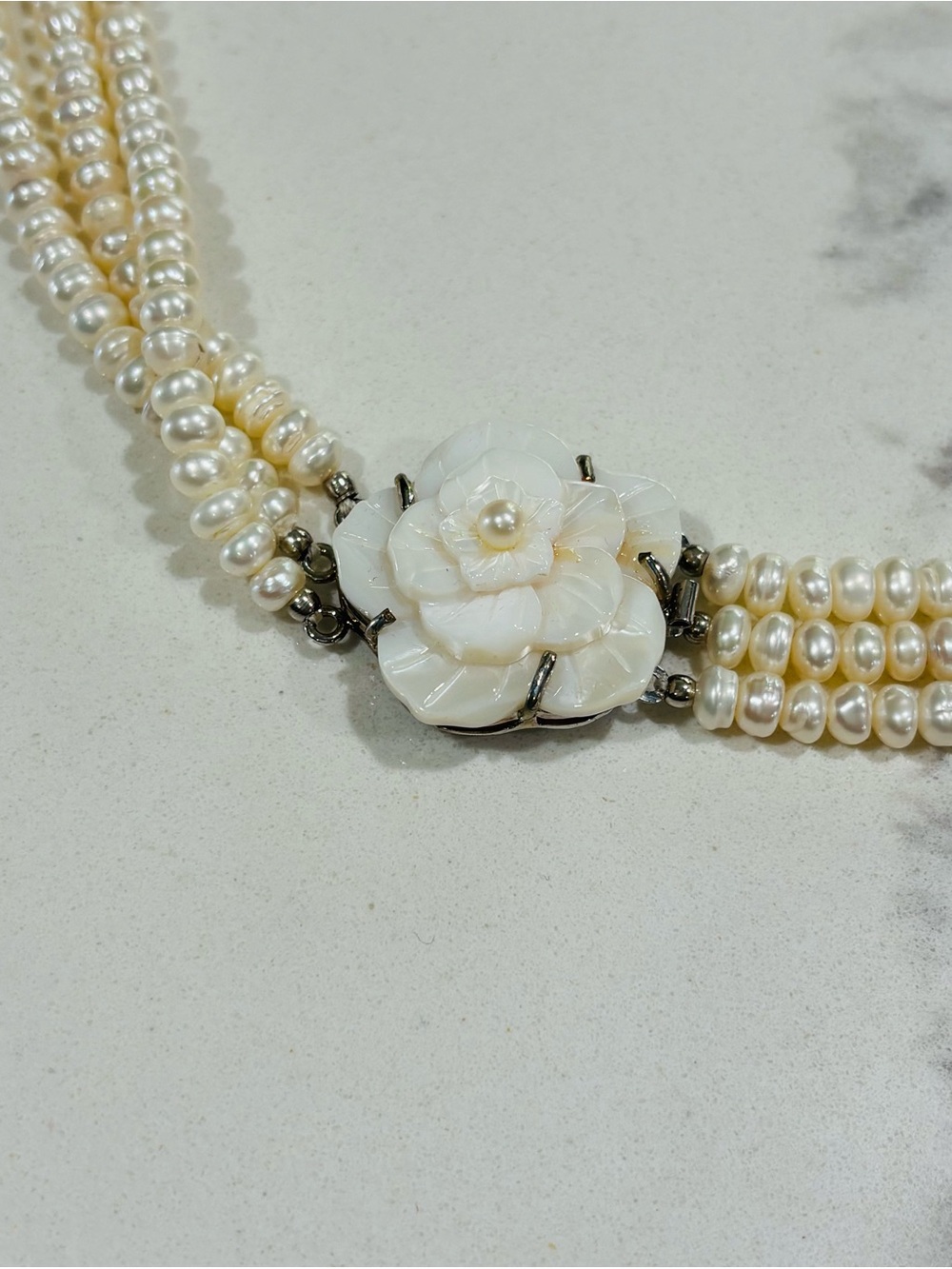 Vintage Triple Strand Pearl Necklace Carved Floral Clasp Statement Piece